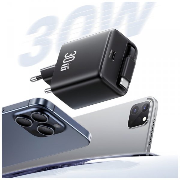 USAMS Ład. siec. 1xUSB-C ze zwijanymkablem USB-C Retractable PD+QC 30W Gan Fast Charging czarny/black YC Series CC241TC01 (US-CC