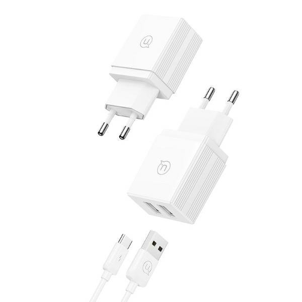 USAMS Ład. siec. 2xUSB-A + kabel USB-C/USB-A Fast Charging biały/white series HC HCXLTZ03