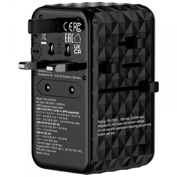 Verbatim Adapter podróżny EU/UK/US GaNUSB-A/3xUSB-C PD 140W UTA-10 czarny/black 32125