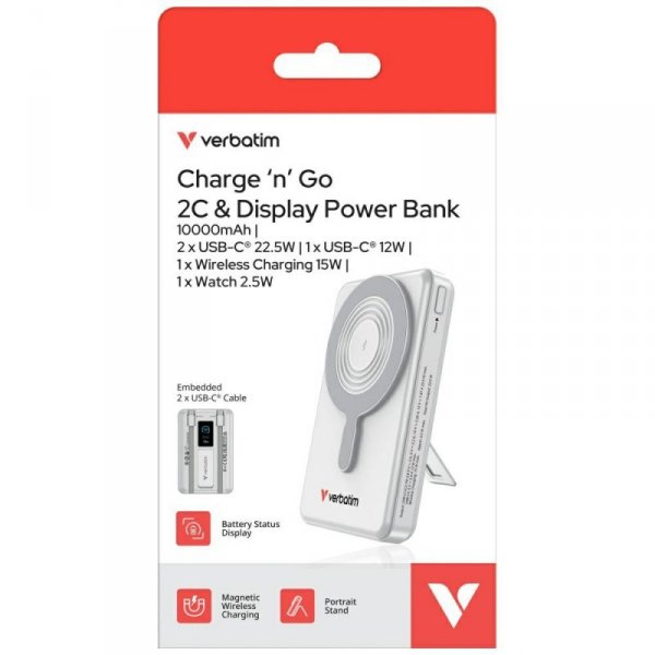 Powerbank Verbatim Charge n Go 10000mAh  z podstawką Magnetic Wireless wyświetlacz TFT 2xkabel USB-C srebrny 32273