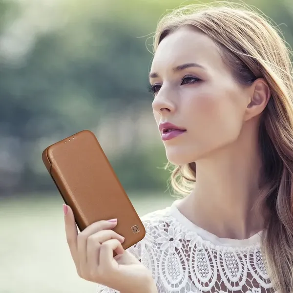 DUPLIKAT: iCarer CE Premium Leather Folio Case skórzane etui iPhone 14 z klapką magnetyczne MagSafe brązowy (WMI14220713-BN)