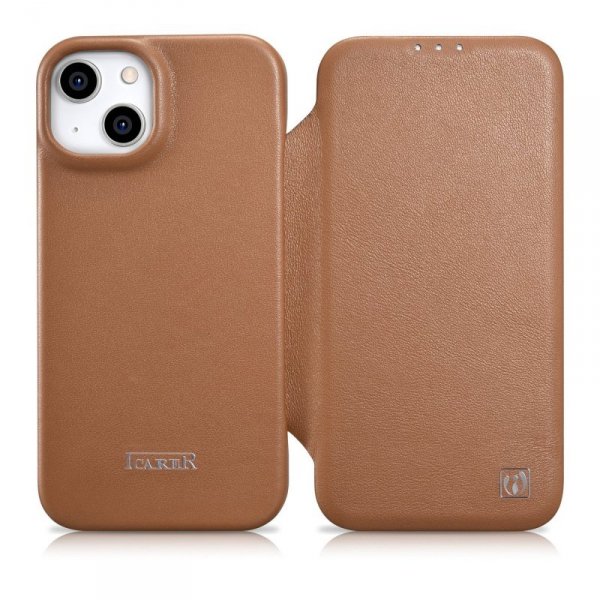 DUPLIKAT: iCarer CE Premium Leather Folio Case skórzane etui iPhone 14 z klapką magnetyczne MagSafe brązowy (WMI14220713-BN)