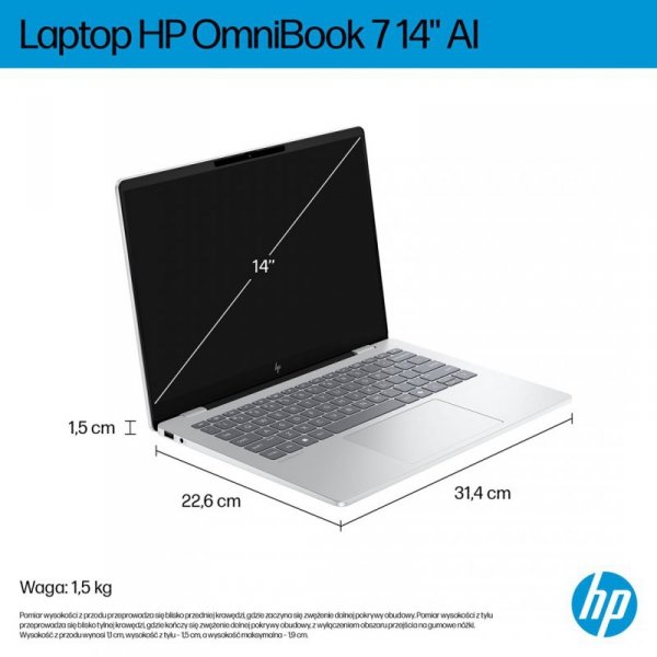 HP OmniBook 7 AI 14-fr0221nw Ultra 5 225U 14"2K 300nits AG 16GB LPDDR5-5200 SSD512 Intel Graphics Cam 5 Mpx IR 68Wh Win11 Glacial Silver 2Y