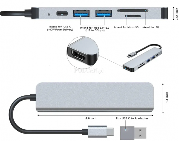 Hub 6w1 USB-C HDMI 4K30hz USB C USB3.0 USB2.0 + SD/TF