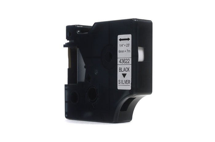 Taśma zamiennik Dymo D1 Czarny na Srebrnym 6mm x 7m LM100, LM100+, LM200, LM300, LM400, LM420P, LM350, LM350D, LM360D, LM450D, LM260P, LM120P, LM500TS, LM160, LM210D, LM280, LM150, LM220 (43622)