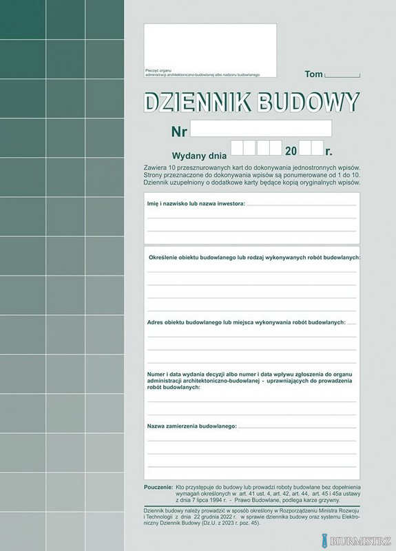 603-S11 Dziennik  Budowy A4, 20str.  (10 kompletów oryginał+kopia) samokopia Michalczyk i Prokop