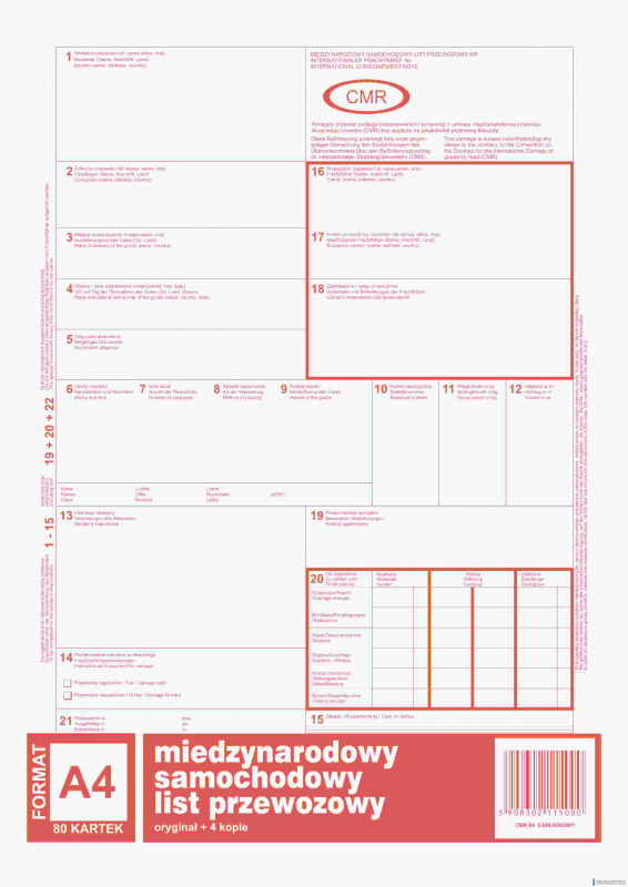Numerowany międzynarodowy list przewozowy CMR, (1+4) A4 80 kartek, 10-800-2N DOTTS
