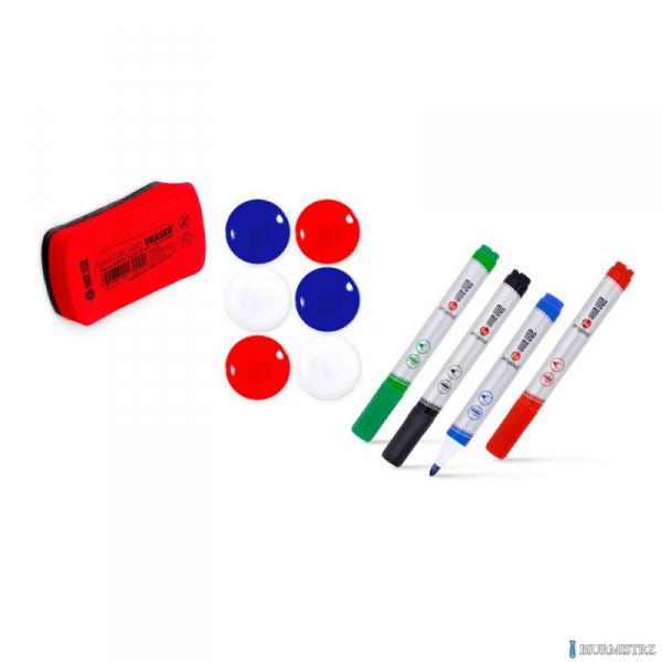 Akcesoria do tablic MemoBe, zestaw zawiera: markery suchościeralne 4 kolory, gąbka magnetyczna, magnesy f 30 mm 6 szt.  MZ003