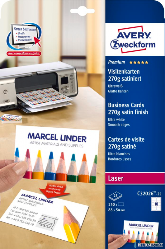 Wizytówki Quick&Clean C32026-25 85x54 mm 25 ark. 250 szt., 270 g, satynowane, śnieżnobiałe, Avery Zweckform (X)
