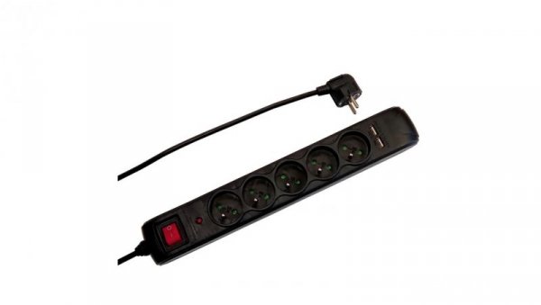 Przedłużacz 5-gniazdowy, +2xUSB 1,4m czarny, z filtrem przepięciowym, z wyłącznikiem, 3x1,0mm OWY / 34106