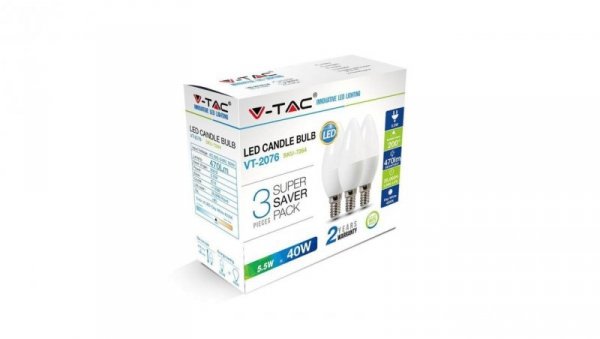 Żarówka LED E14 230V 5,5W 470lm 2700K IP20 barwa ciepła WW V-TAC VT-2076 3 sztuki
