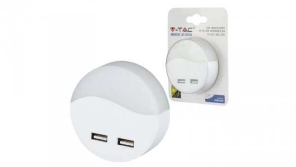 Lampka nocna do gniazdka z 2x USB 10lm 3000k, chip SAMSUNG IP20 WW V-TAC VT-84-RD 5 LAT GWARANCJI