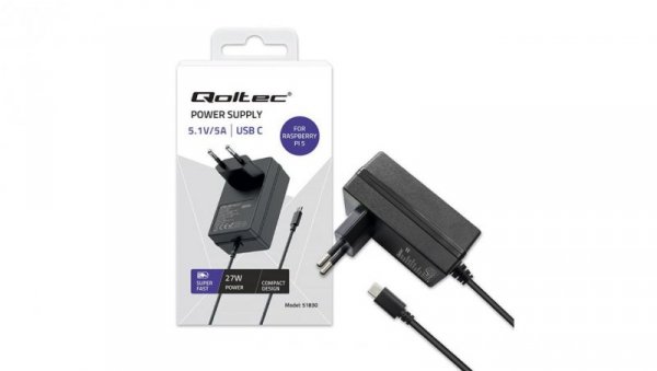 Qoltec Ładowarka Super FAST PD do Raspberry PI 5 USB-C 27W 5.1V 5A Czarna