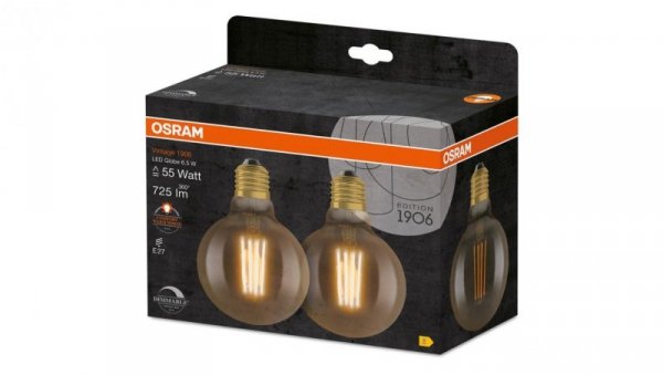 2PAK Żarówka Dekoracyjna LED E27 G95 6,5W = 55W 725lm 2700K Ciepła 300 Filament Ściemnialna OSRAM Vintage 1906