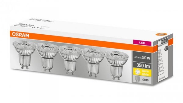 5PAK Żarówka LED GU10 4,3W = 50W 350lm 2700K Ciepła 36 OSRAM Base