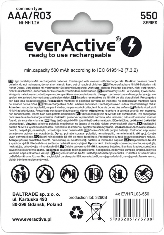 Akumulatorki AAA / R03 Ni-MH everActive 550mAh Infinity Line 3000 cykli (blister 4 szt.)