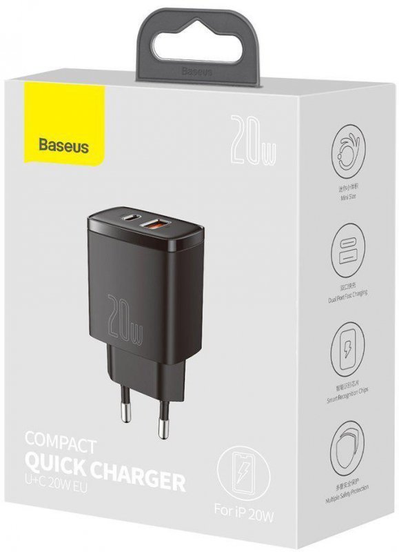 ŁADOWARKA SIECIOWA Baseus Compact Quick Charger CCXJ-B01 20W 1x USB-A 1x USB-C PD 3.0 QC 3.0 CZARNA