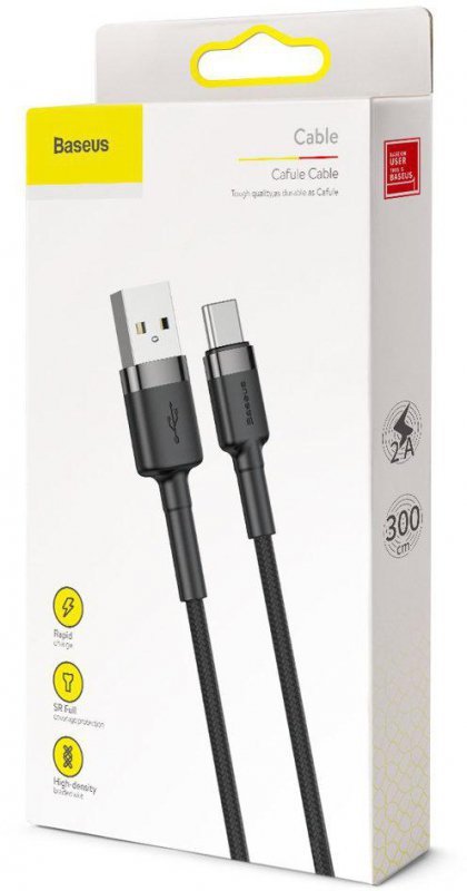 KABEL USB-A -&gt; USB-C Baseus Cafule CATKLF-UG1 300cm 3A QC 3.0 CZARNO-SZARY W NYLONOWYM OPLOCIE