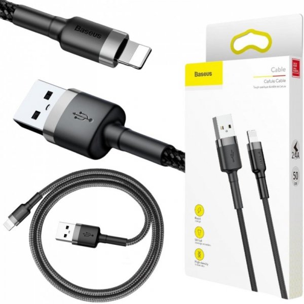 KABEL USB-A -&gt; Lightning / iPhone Baseus Cafule CALKLF-AG1 50cm Apple 2.4A CZARNO-SZARY W OPLOCIE