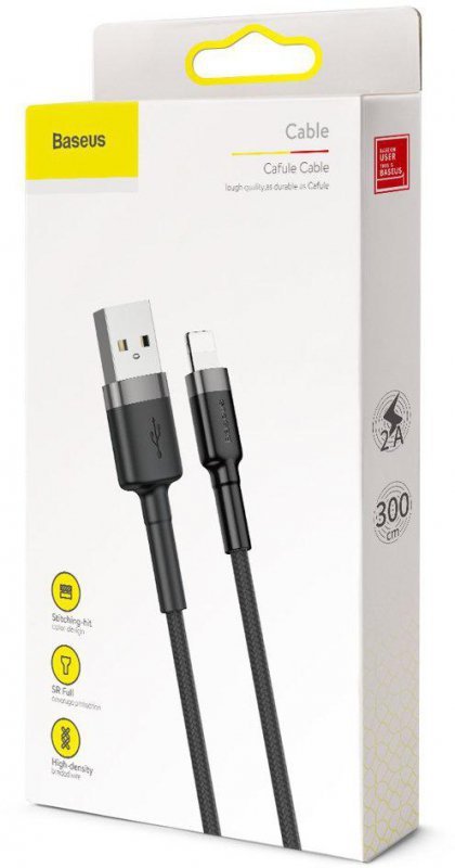 KABEL USB-A -&gt; Lightning / iPhone Baseus Cafule CALKLF-RG1 300cm Apple 2A CZARNO-SZARY W OPLOCIE