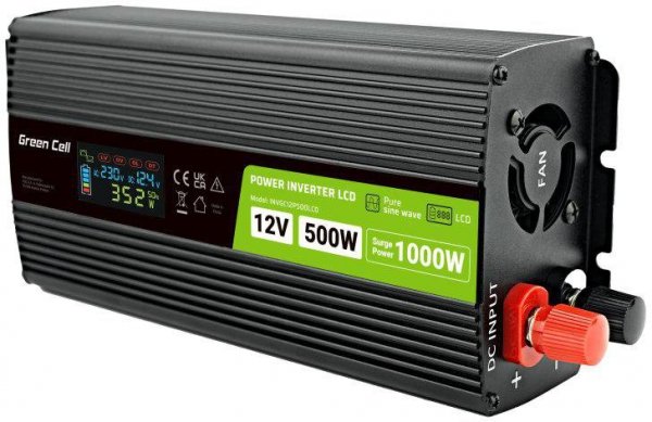 PRZETWORNICA NAPIĘCIA Green Cell PowerInverter LCD 12V -&gt; 230V 500W/1000W CZYSTA SINUSOIDA
