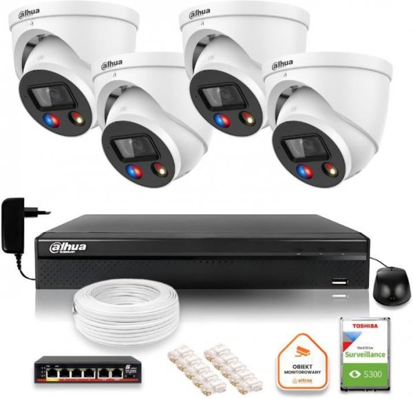 Zestaw monitoringu IP Dahua TIOC 8mpx 4K 4 kamery z alarmem NVR z dyskiem