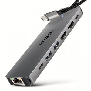 AXAGON HMC-7HX2 Wieloportovy hub USB 7in1, 5Gbps, 2x USB-A, 1x USB-C, 2x HDMI 4K/60Hz, GLAN, PD 100W, 15cm USB-C kabel