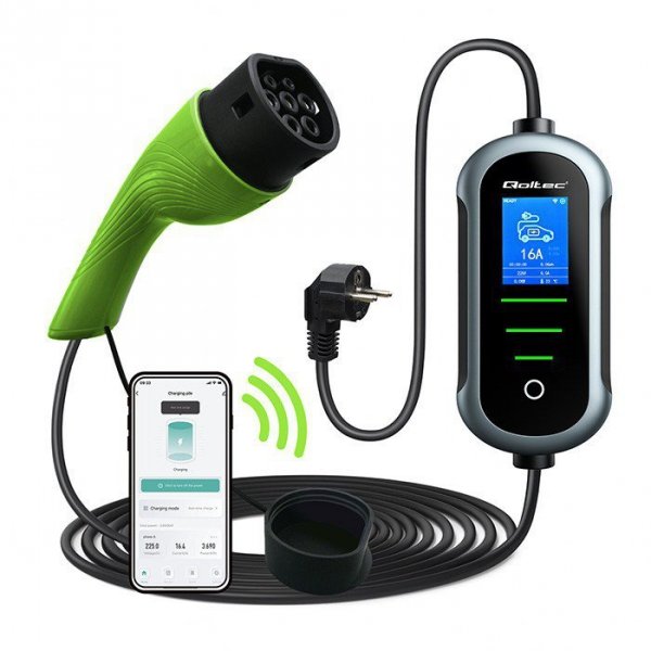 Qoltec Mobilna ładowarka do samochodu elektrycznego EV z regulacją 2w1  Typ2 | 3.5kW | 230V | Wi-Fi | TUYA | SMART LIFE | LCD | 