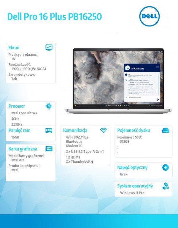 Dell Laptop Dell Pro 16 Plus PB16250 W11P U7-266V/16GB/512GB SSD CL25/FgrPr&SmtCd/IRCam&Mic/5G LTE+BT/16.0 FHD+ Touch/BcklKb/3C/