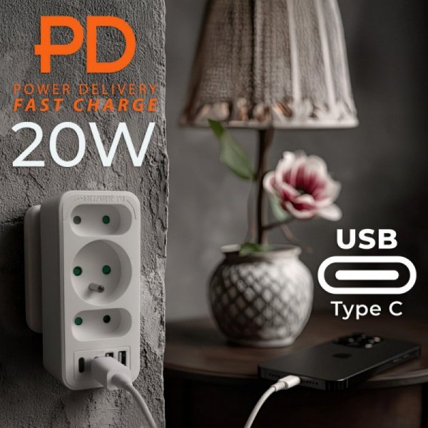 Maclean Rozdzielacz na 3 gniazda MCE248 F/W 2xUSB-A 2xUSB-C biały