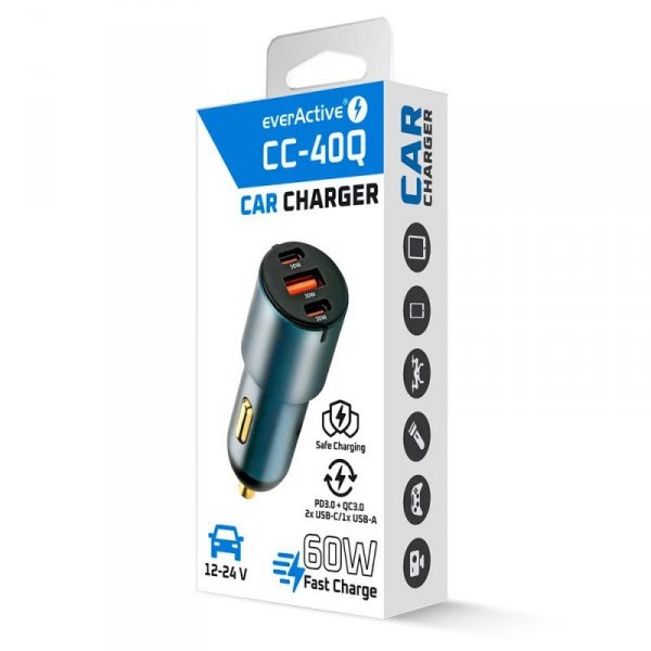 everActive Ładowarka samochodowa CC-40Q QC3.0 60W 1X USB 2X USB-C PD czarna