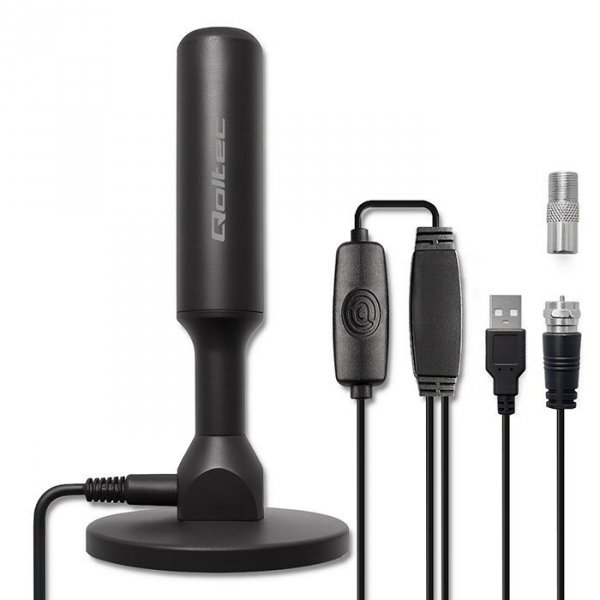 Qoltec Wewnętrzna Antena TV DVB-T2 ze wzmacniaczem sygnału i magnetyczną podstawą | 4K | 28dBi | 5m