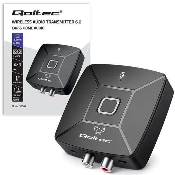 Qoltec Bezprzewodowy transmiter odbiornik Audio HiFi Home&Car | Bluetooth 6.0 | NFC | 2 x RCA | 1 x AUX MiniJack 3.5mm | Mikrofo
