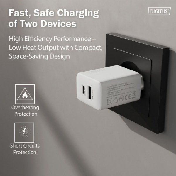 Digitus Ładowarka sieciowa GaN II 30W | 1x USB-C, 1x USB-A | PD 3.0, QC 3.0 | Biała