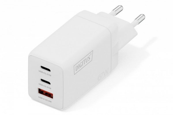 Digitus Ładowarka sieciowa GaN II 67W | 2x USB-C, 1x USB-A | PD 3.0, QC 3.0 | Biała