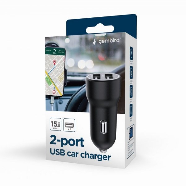 Gembird Ładowarka samochodowa USB 2-portowa, 3.1 A, czarna