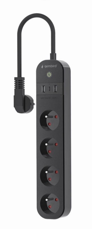 Gembird Inteligentna listwa zasilająca Tuya 4xFR 2xUSB-A 1xUSB-C Czarna