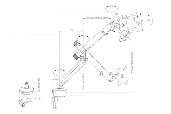 Digitus Ramię biurkowe pojedyncze z zaciskiem i sprężyną mechaniczną 1x LCD max. 35" 10kg, VESA: 75x75, 100x100, czarne