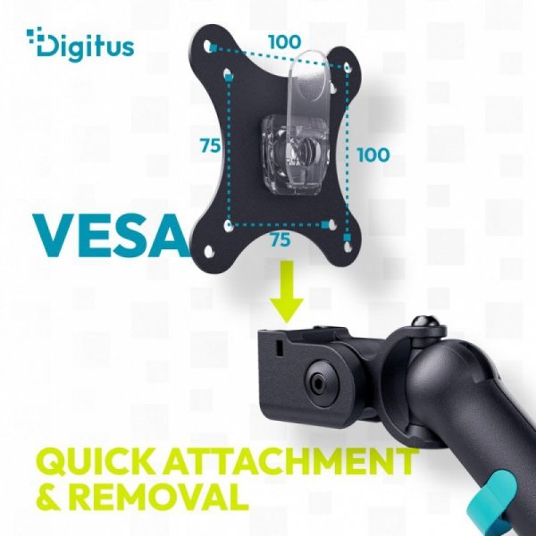 Digitus Ramię biurkowe podwójne z zaciskiem i sprężyną mechaniczną 2x LCD max. 35" obciążenie 2x10kg, VESA: 75x75, 100x100,