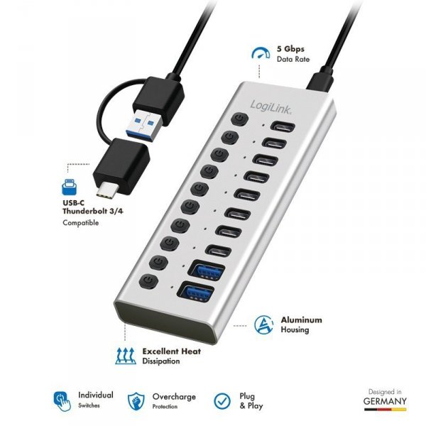 LogiLink Hub USB3.2 10-portow USB-A/C, funkcja on/off