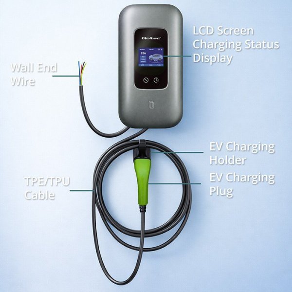 Qoltec Stacja ładowania do samochodu elektrycznego i hybryd | 3fazy |   22kW | 32A | Wi-Fi | LCD | RFID | TUYA | 5m