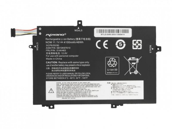 Movano Bateria 01AV463 SB10K97610 do Lenovo L480 L490 L580 L590 L14 L15 - 4100 mAh (46 Wh)