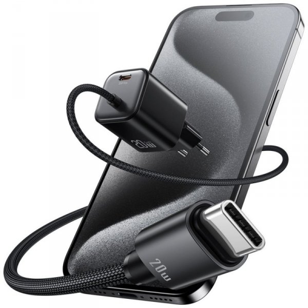 USAMS Ładowarka sieciowa JC Series CC261 20W GaN Fast Charger wbudowanykabel USB-C czarna