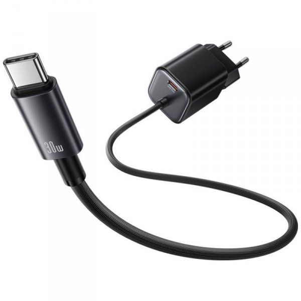USAMS Ładowarka sieciowa JC Series CC264 30W GaN Fast Charger wbudowanykabel USB-C czarna
