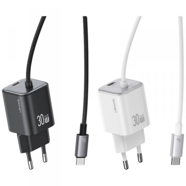 USAMS Ładowarka sieciowa JC Series CC264 30W GaN Fast Charge wbudowany kabel USB-C biała