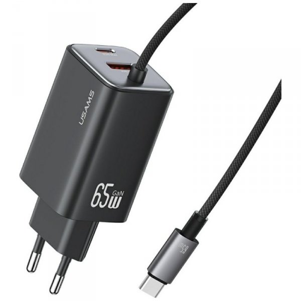 USAMS Ładowarka sieciowa JC Series CC266 65W GaN Fast Charger wbudowanykabel USB-C czarny
