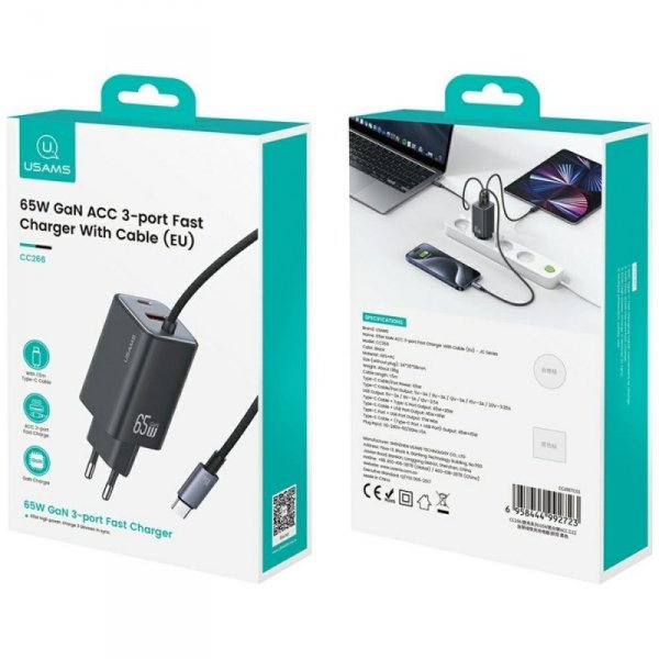 USAMS Ładowarka sieciowa JC Series CC266 65W GaN Fast Charger wbudowanykabel USB-C biała