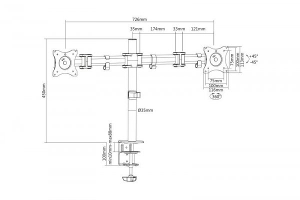 Digitus Stojak biurkowy podwójny z zaciskiem, 2xLCD, max. 27", max. obciążenie 8kg,uchylno-obrotowy 360°