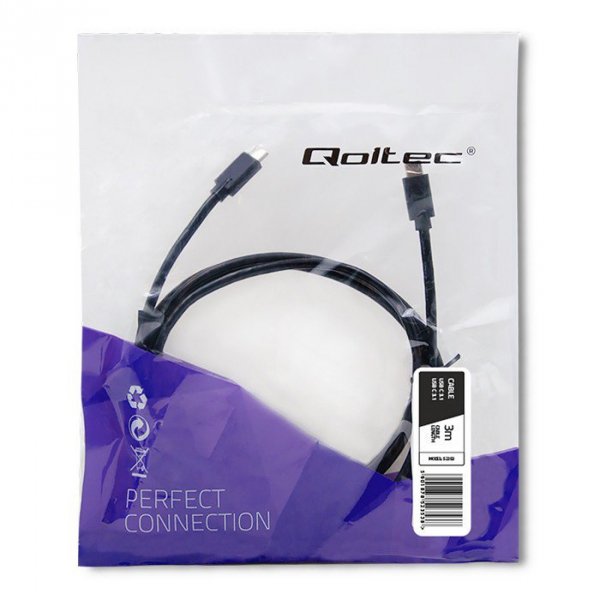 Qoltec Kabel USB 3.1 typ C męski | USB 3.1 typ C męski | 3m | Czarny