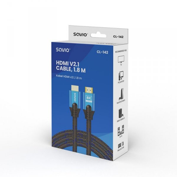 Savio Kabel HDMI (M) v2.1, 1,8m, 8K, miedź, niebiesko-czarny, złote końcówki, ethernet/3D, CL-142